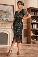 Load image into Gallery viewer, Dark Green V Neck Fringe 1920s Gatsby Dress With Sequins