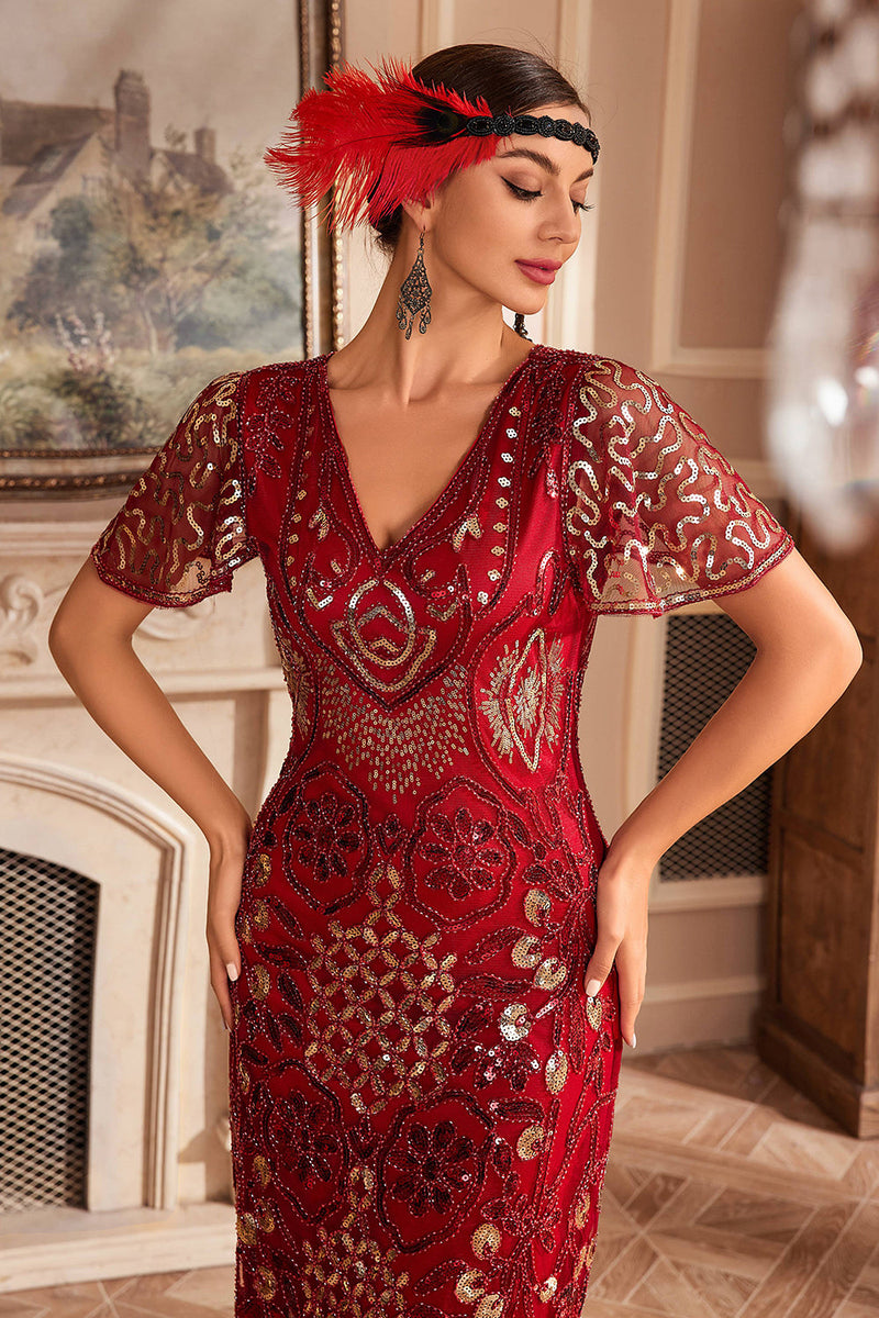 Load image into Gallery viewer, Red V Neck Fringe 1920s Gatsby Dress With Sequins