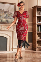 Load image into Gallery viewer, Red V Neck Fringe 1920s Gatsby Dress With Sequins