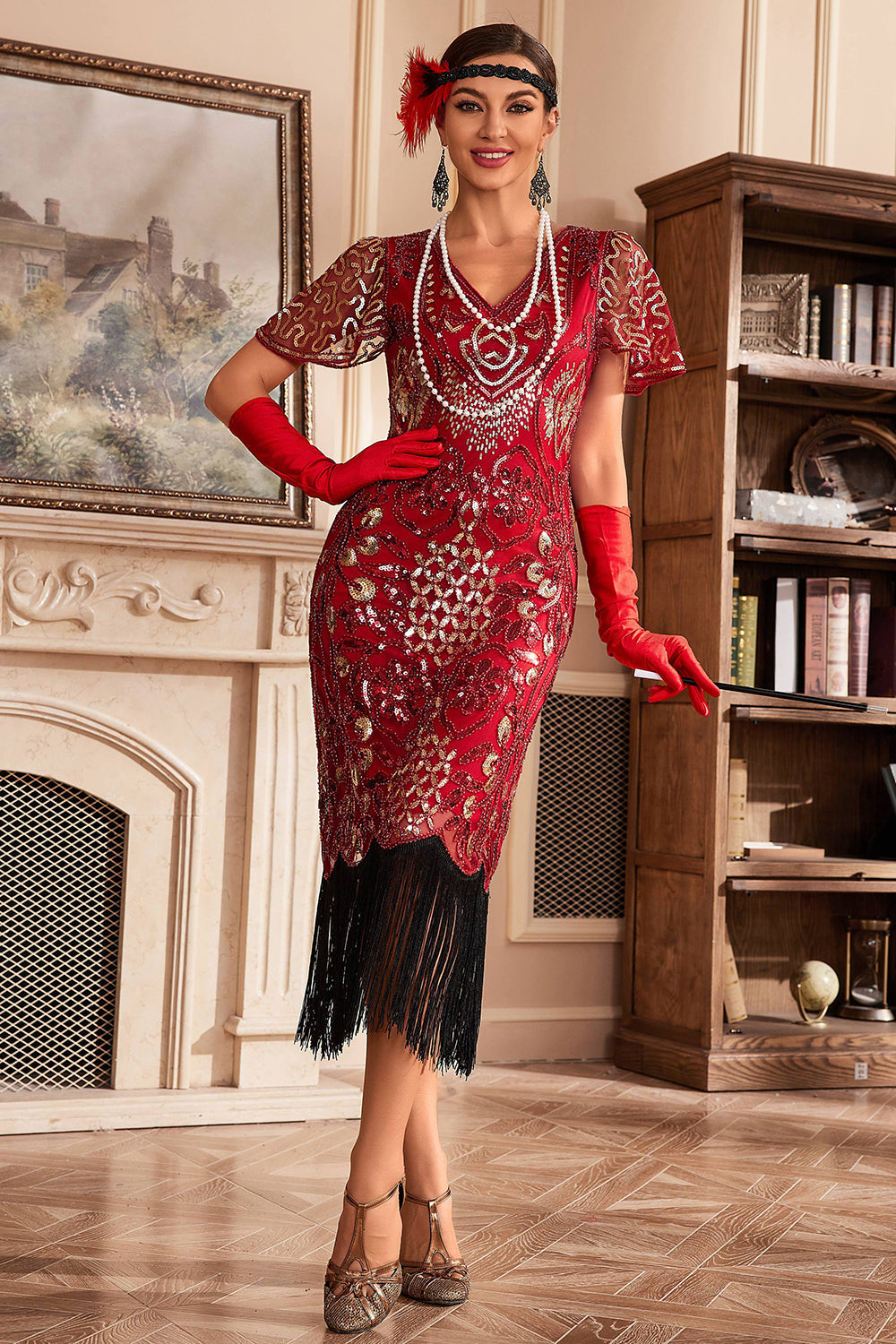 Queendancer Women Red 1920s Dress V Neck Sequins Fringe Gatsby Dress