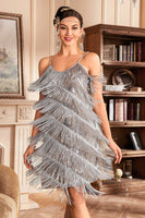 Load image into Gallery viewer, Grey Spaghetti Straps Fringed Roaring 20s Great Gatsby Dress