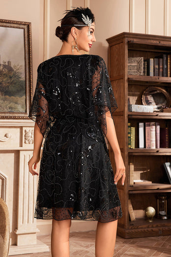 Batwing Sleeves Black Sequins 1920s Dress