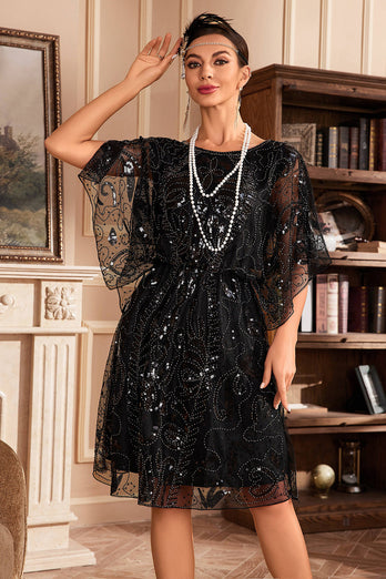 Batwing Sleeves Black Sequins 1920s Dress