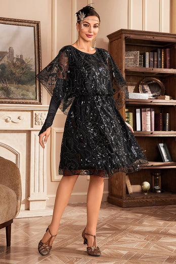 Batwing Sleeves Black Sequins 1920s Dress