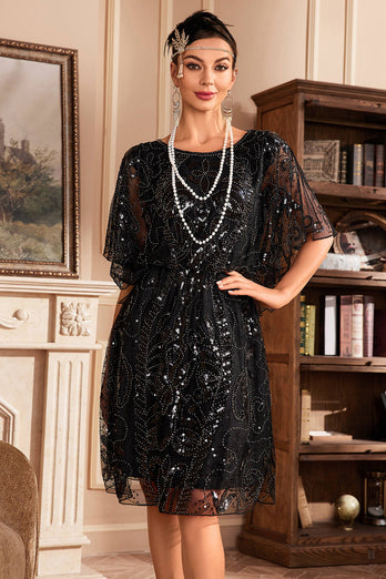 Batwing Sleeves Black Sequins 1920s Dress