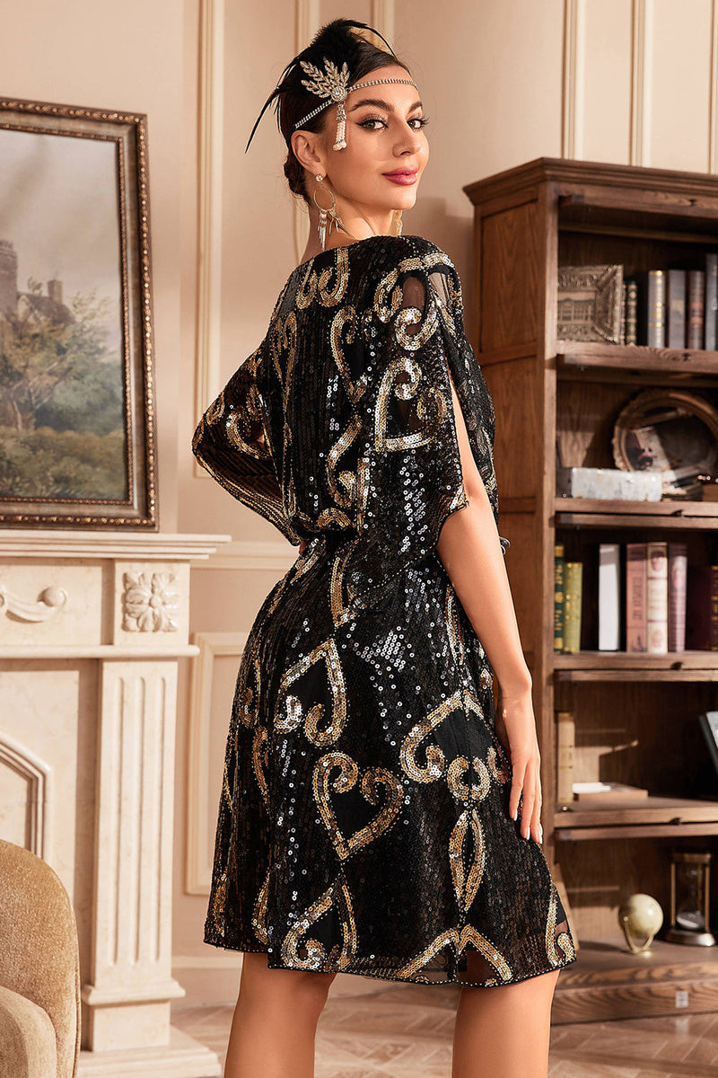 Load image into Gallery viewer, Black Glitter Sequins 1920s Dress with Batwing Sleeves