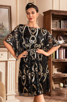 Load image into Gallery viewer, Black Glitter Sequins 1920s Dress with Batwing Sleeves