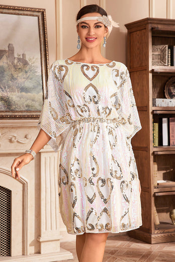 White Sparkly Batwing 1920s Dress with Sequins