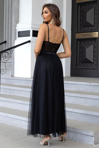 Black Spaghetti Straps A Line Tulle Open Back Long Prom Dress