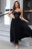 Load image into Gallery viewer, Black Spaghetti Straps A Line Tulle Open Back Long Prom Dress