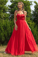 Load image into Gallery viewer, Black Spaghetti Straps A Line Tulle Open Back Long Prom Dress