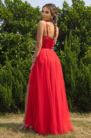 Load image into Gallery viewer, Black Spaghetti Straps A Line Tulle Open Back Long Prom Dress