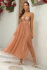 Load image into Gallery viewer, Fuchsia Deep V Neck A Line Sparkly Long Prom Dress With Slit
