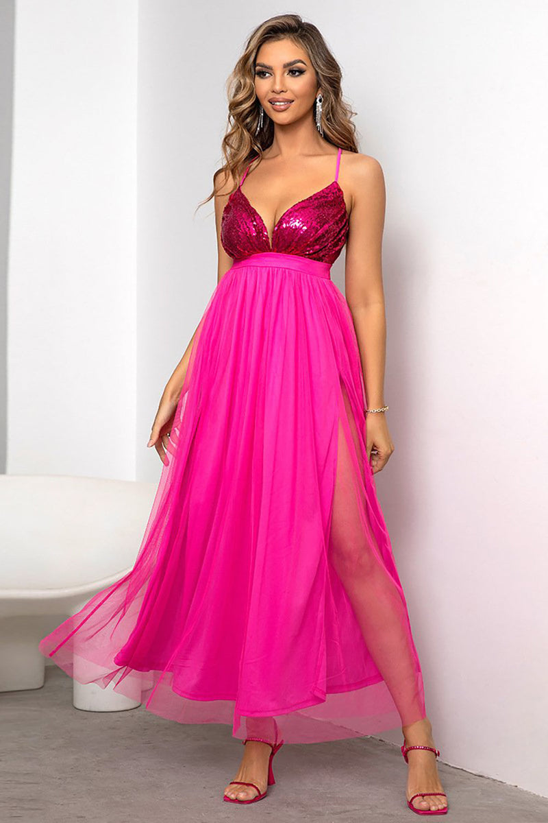 Load image into Gallery viewer, Fuchsia Deep V Neck A Line Sparkly Long Prom Dress With Slit