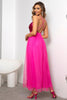 Load image into Gallery viewer, Fuchsia Deep V Neck A Line Sparkly Long Prom Dress With Slit