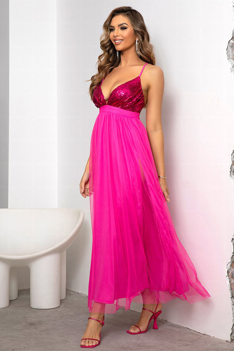 Load image into Gallery viewer, Fuchsia Deep V Neck A Line Sparkly Long Prom Dress With Slit