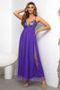 Load image into Gallery viewer, Fuchsia Deep V Neck A Line Sparkly Long Prom Dress With Slit