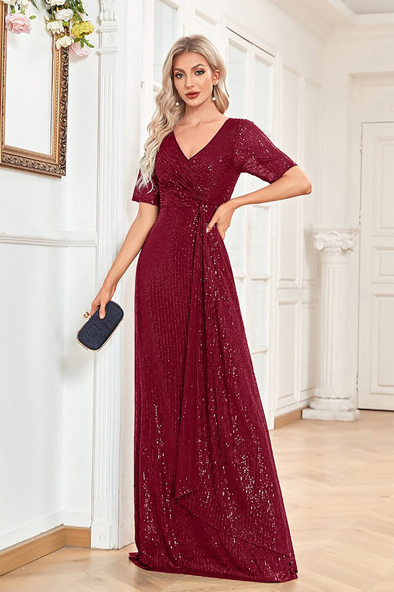Load image into Gallery viewer, Burgundy Sequin Short Sleeves Long Prom Dress