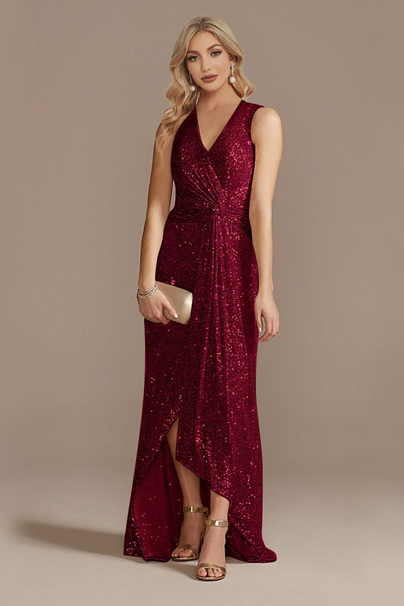 Load image into Gallery viewer, Champagne V-Neck High Low Sequin Prom Dress
