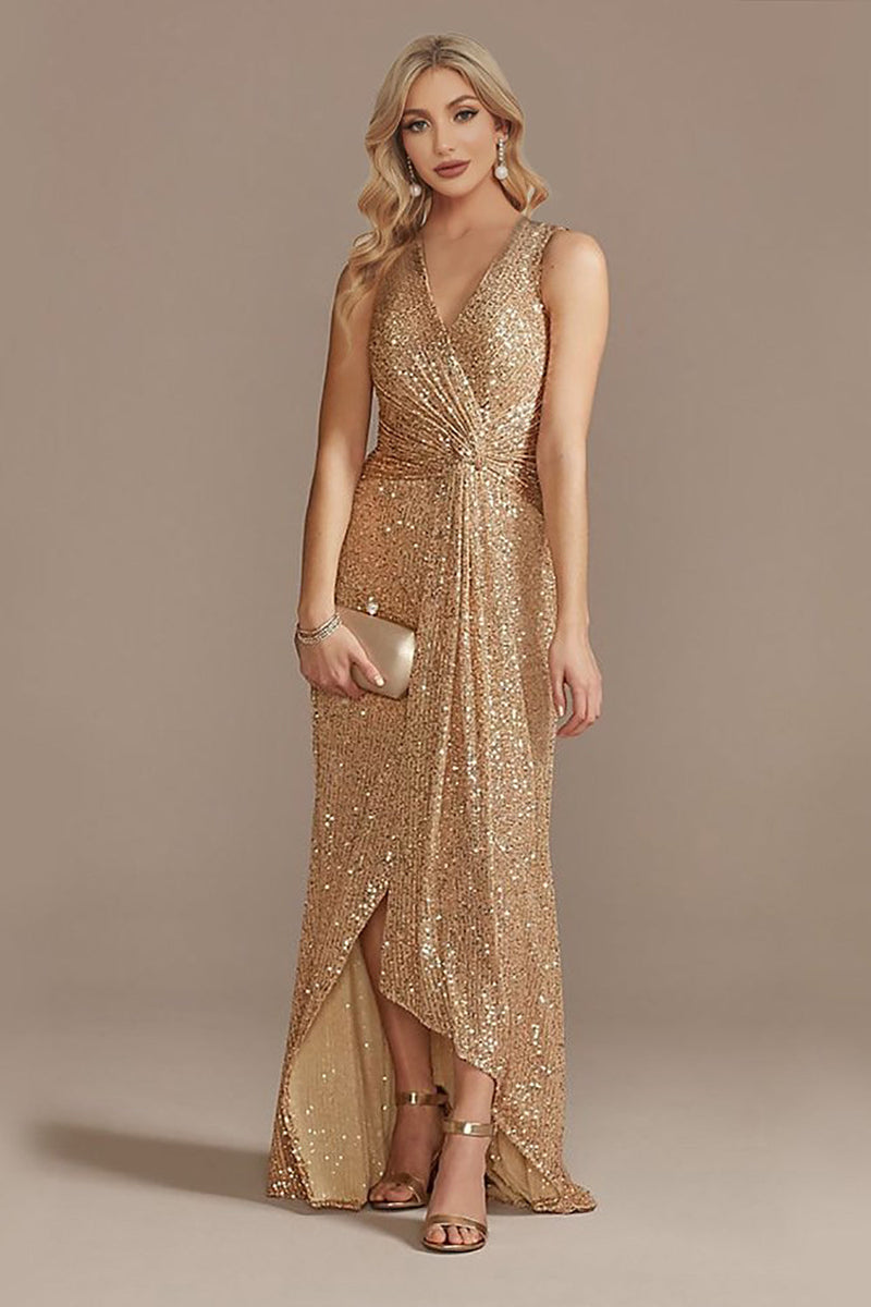 Load image into Gallery viewer, Champagne V-Neck High Low Sequin Prom Dress