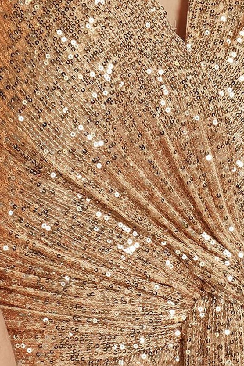 Load image into Gallery viewer, Champagne V-Neck High Low Sequin Prom Dress