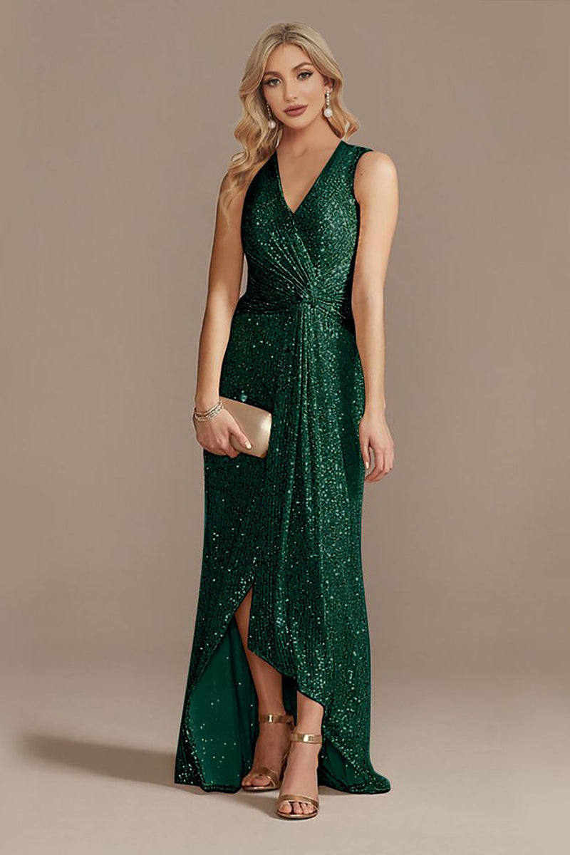 Load image into Gallery viewer, Champagne V-Neck High Low Sequin Prom Dress