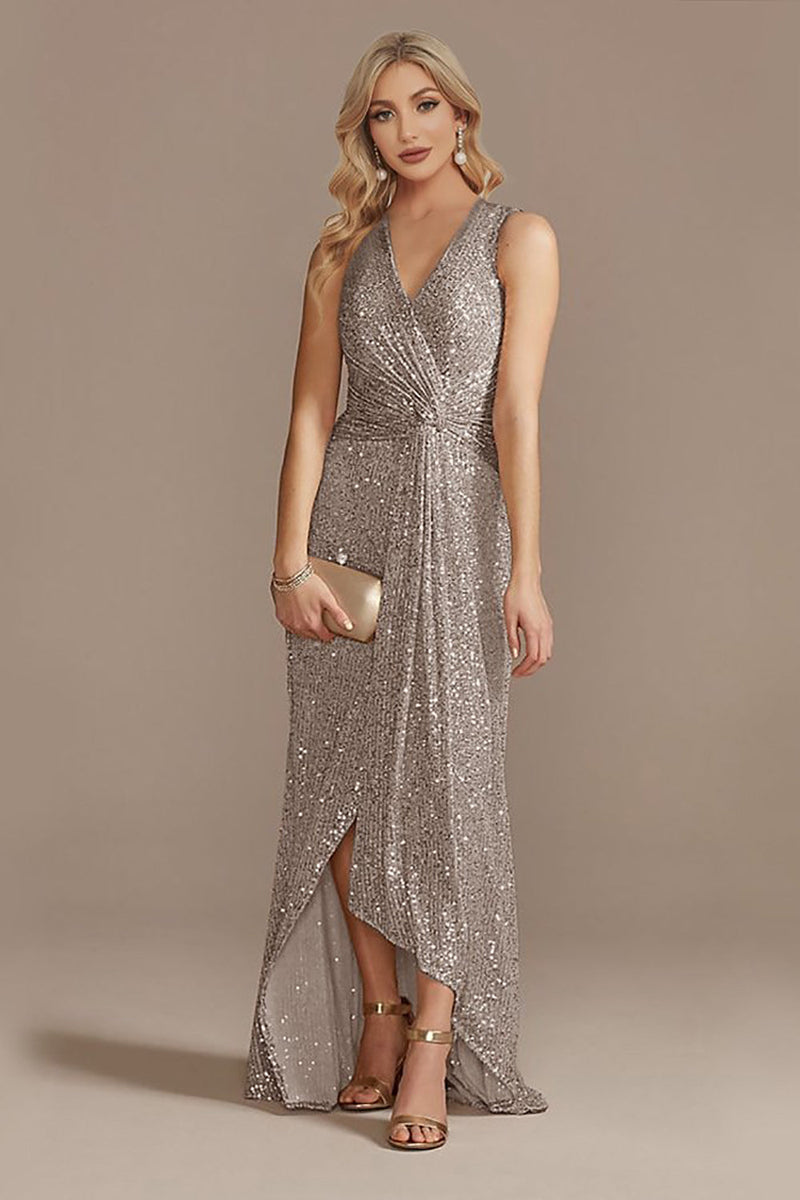 Load image into Gallery viewer, Champagne V-Neck High Low Sequin Prom Dress