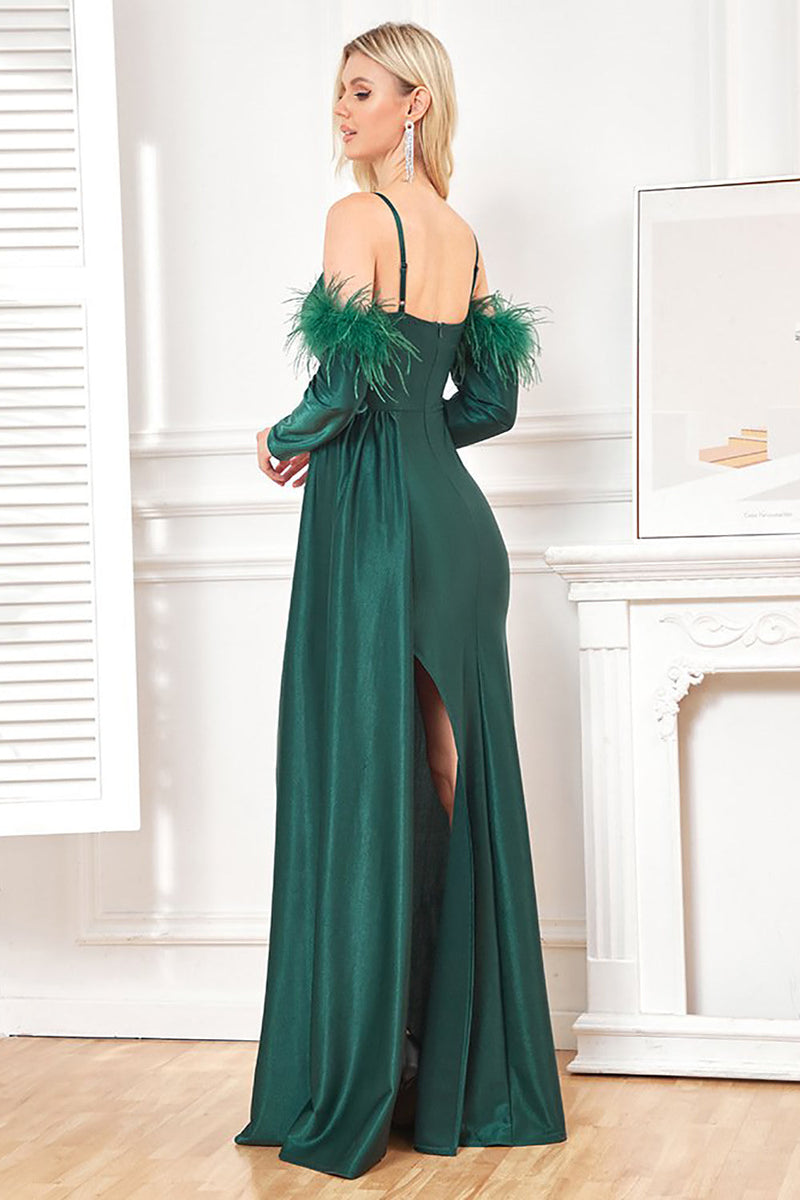 Load image into Gallery viewer, Dark Green Detachable Sleeves Spaghetti Straps Long Prom Dress