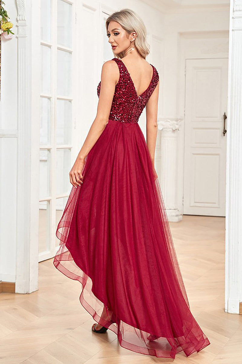 Load image into Gallery viewer, High Low Burgundy Sparkly Sequin V-Neck Prom Dress