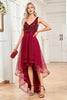 Load image into Gallery viewer, High Low Burgundy Sparkly Sequin V-Neck Prom Dress