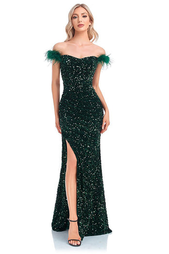 Sparkly Sequin Dark Green Mermaid Off the Shoulder Prom Dress With Slit