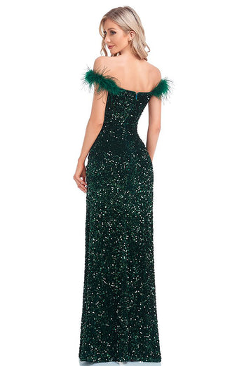 Sparkly Sequin Dark Green Mermaid Off the Shoulder Prom Dress With Slit