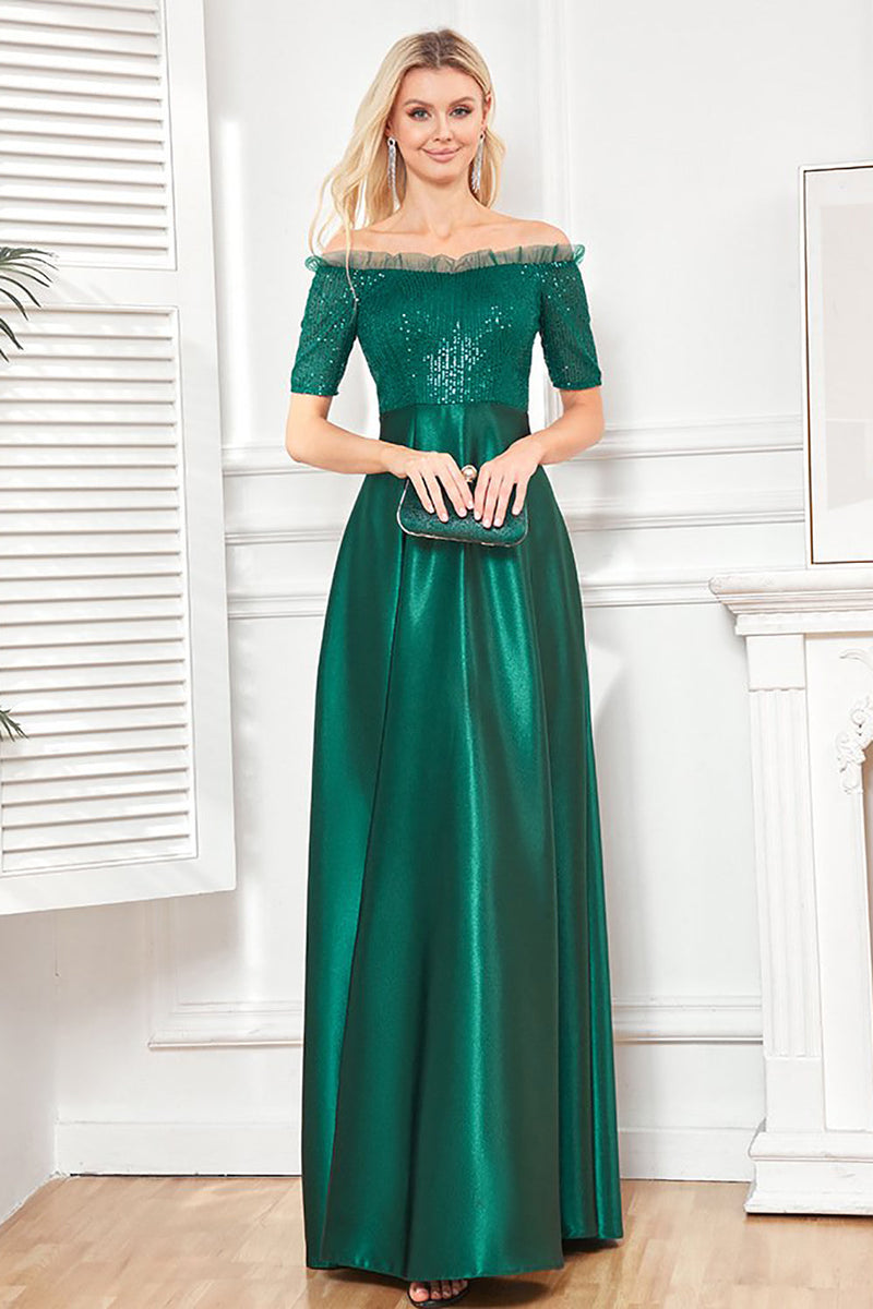 Load image into Gallery viewer, Off the Shoulder Dark Green Sparkly Sequin Long Prom Dress With Slit