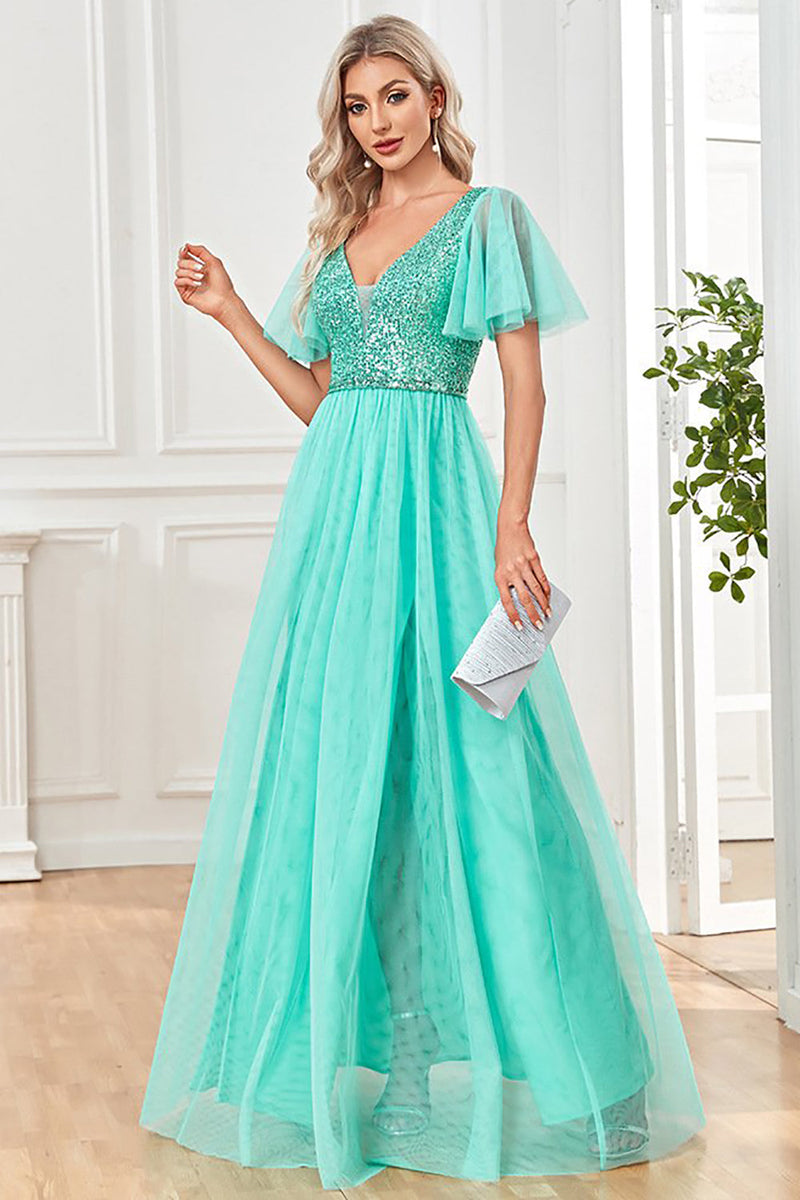 Load image into Gallery viewer, Green Flutter Sleeves Sparkly A Line Long Prom Dress
