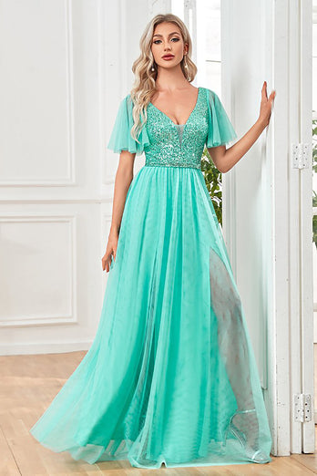 Green Flutter Sleeves Sparkly A Line Long Prom Dress