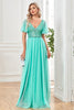 Load image into Gallery viewer, Green Flutter Sleeves Sparkly A Line Long Prom Dress