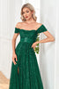 Load image into Gallery viewer, Sparkly Sequin Dark Green Off the Shoulder A Line Prom Dress With Slit