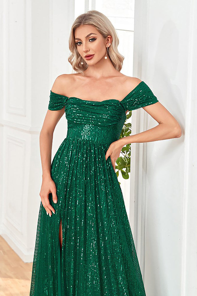 Load image into Gallery viewer, Sparkly Sequin Dark Green Off the Shoulder A Line Prom Dress With Slit