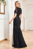 Load image into Gallery viewer, Sparkly Black Mermaid Short Sleeves V-Neck Prom Dress