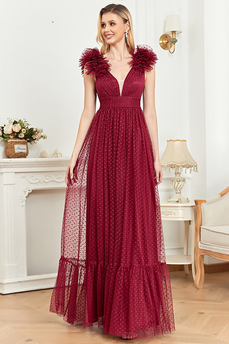 Load image into Gallery viewer, Deep V-Neck Burgundy Sleeveless A Line Long Prom Dress