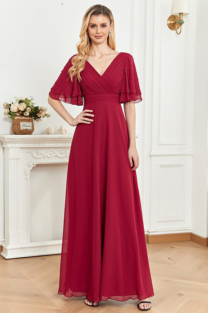 Load image into Gallery viewer, A Line Burgundy Beaded V-Neck Long Prom Dress