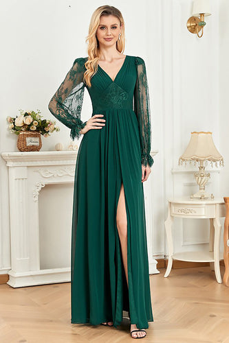 Dark Green Lace Long SLeeves A Line Prom Dress