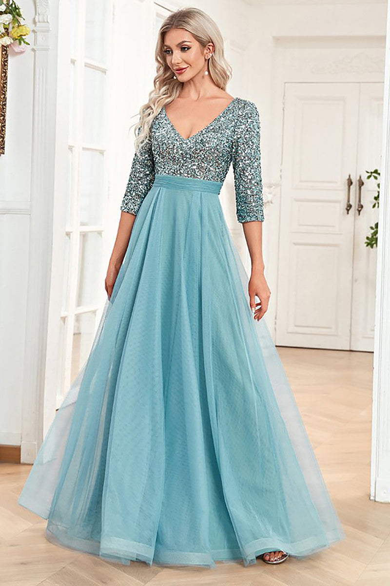 Load image into Gallery viewer, Blue Sparkly Sequin 3/4 Sleeves A Line Prom Dress