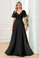 Load image into Gallery viewer, Tulle A-Line Sequins Black Formal Dress with Slit