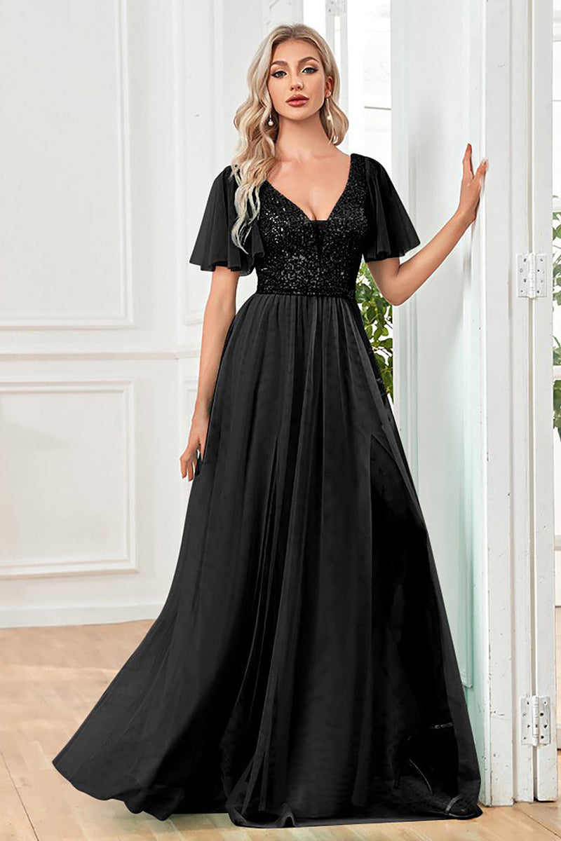 Load image into Gallery viewer, Tulle A-Line Sequins Black Formal Dress with Slit