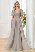 Load image into Gallery viewer, Tulle A-Line Sequins Black Formal Dress with Slit