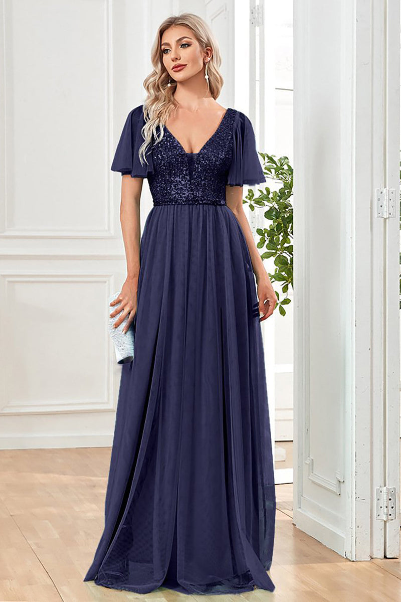 Load image into Gallery viewer, Tulle A-Line Sequins Black Formal Dress with Slit