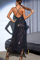 Load image into Gallery viewer, Black Sequin Spaghetti Strap Backless V-neck Long Evening Dress