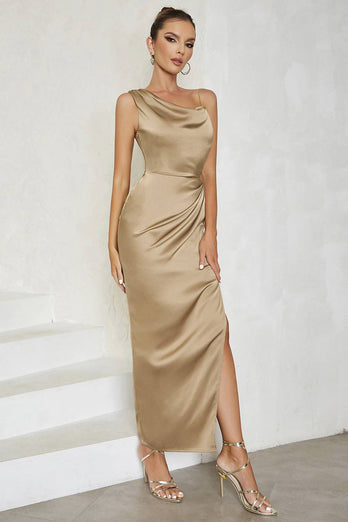 Khaki One Shoulder Bodycon Pleated Party Dress with Slit