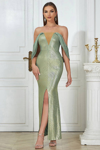 Light Green Off the Shoulder Bodycon Party Dress with Slit